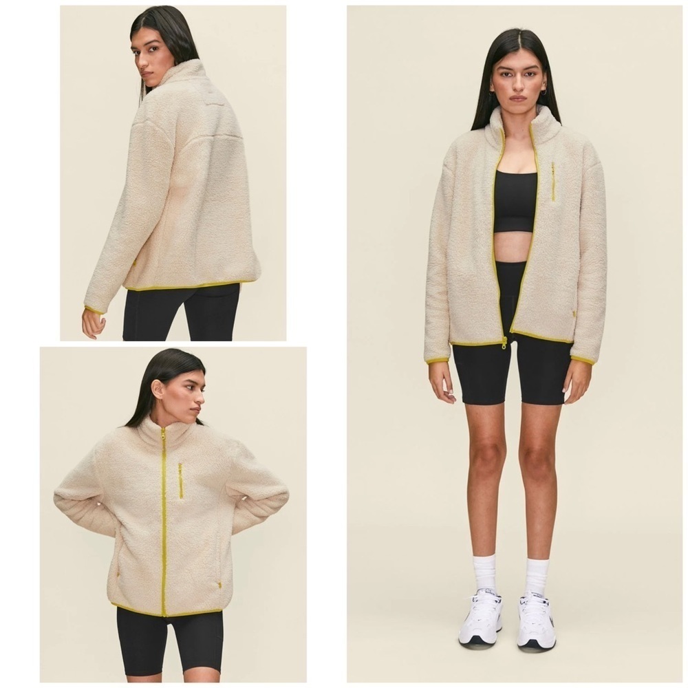EUC GIRLFRIEND COLLECTIVE Neon Green Trim Off White Recycled Fleece Teddy Jacket